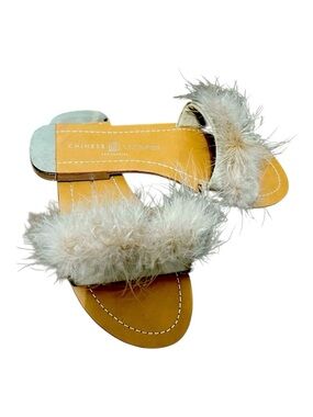 Chinese Laundry Zoey Tan Marabou Feather Slide Sandals Size 5.5 NWT